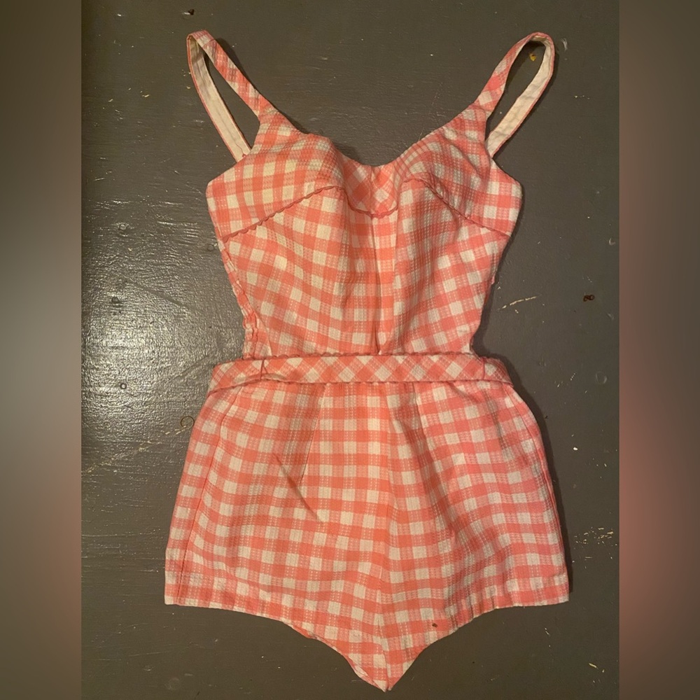 Vintage pink gingham one piece belted swimsuit